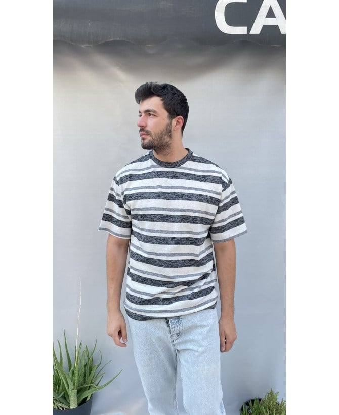 Renkli Çizgili Oversize İnce Triko T-shirt