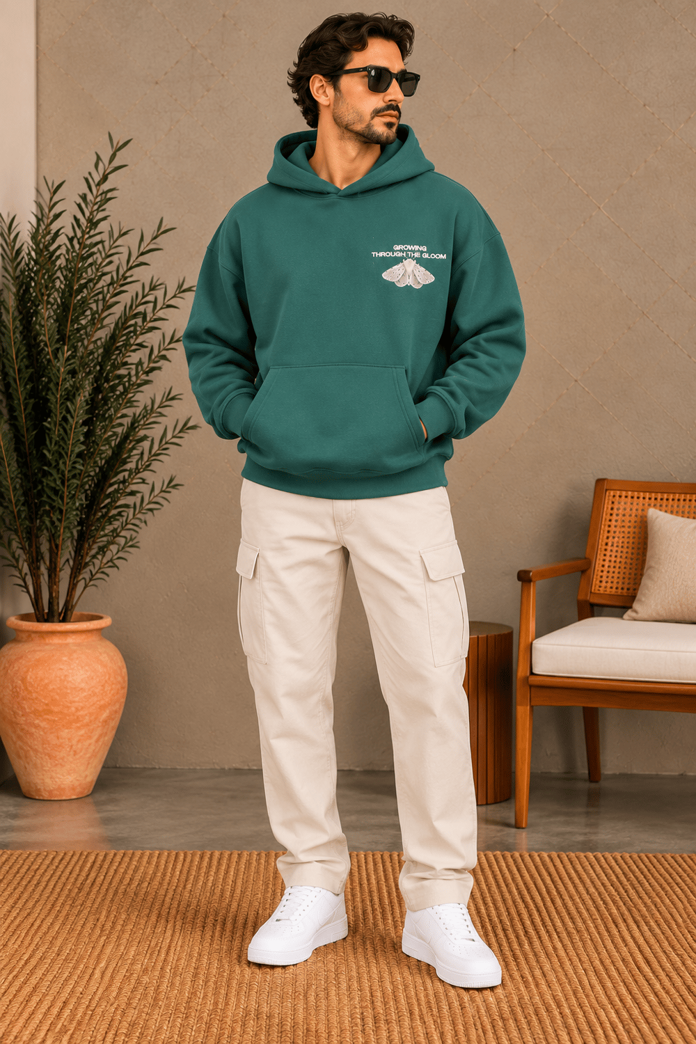 Koyu Yeşil Grafik Baskılı Erkek Hoodie
