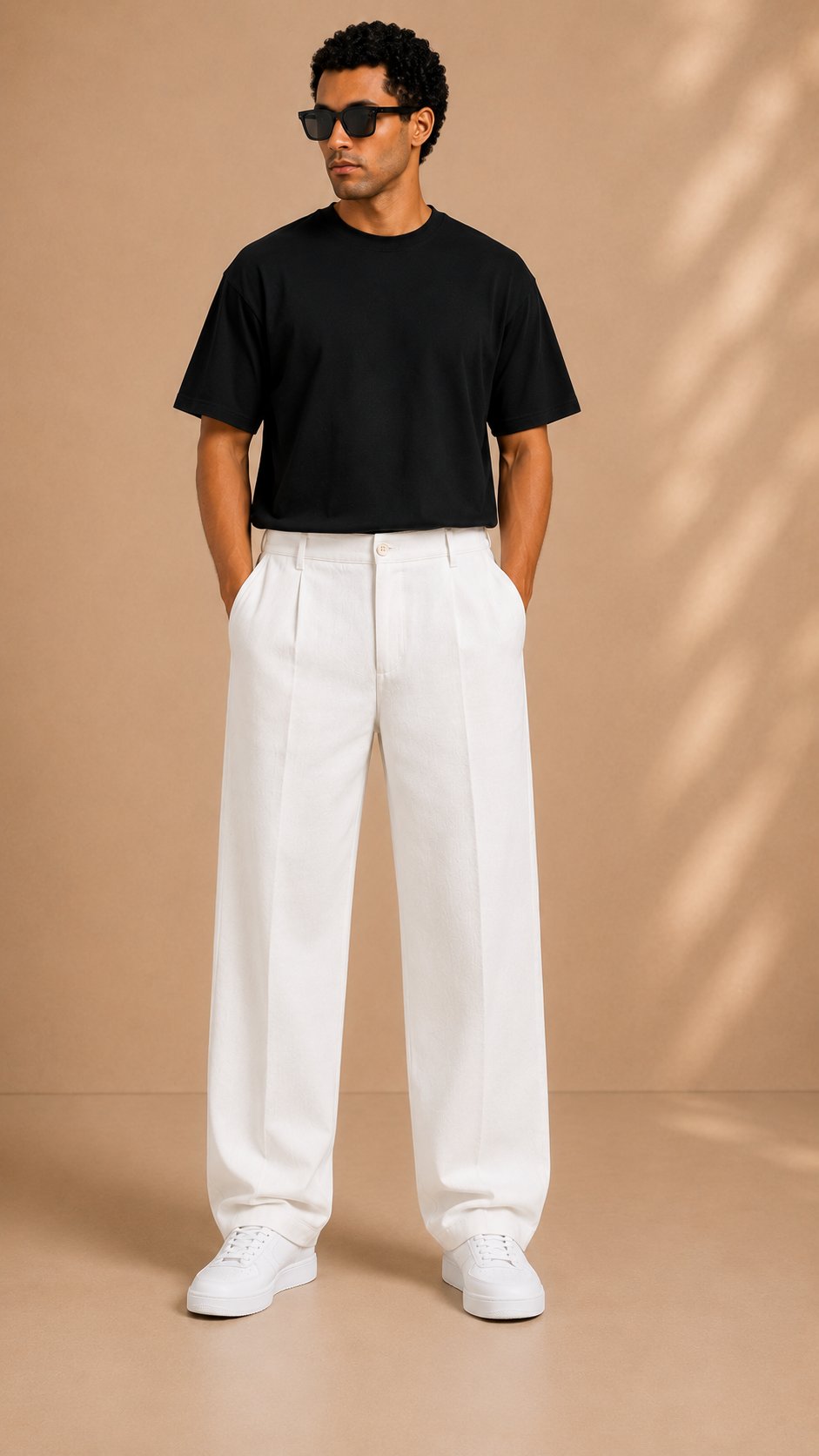 Beyaz Keten Baggy Fit Erkek Pantolon