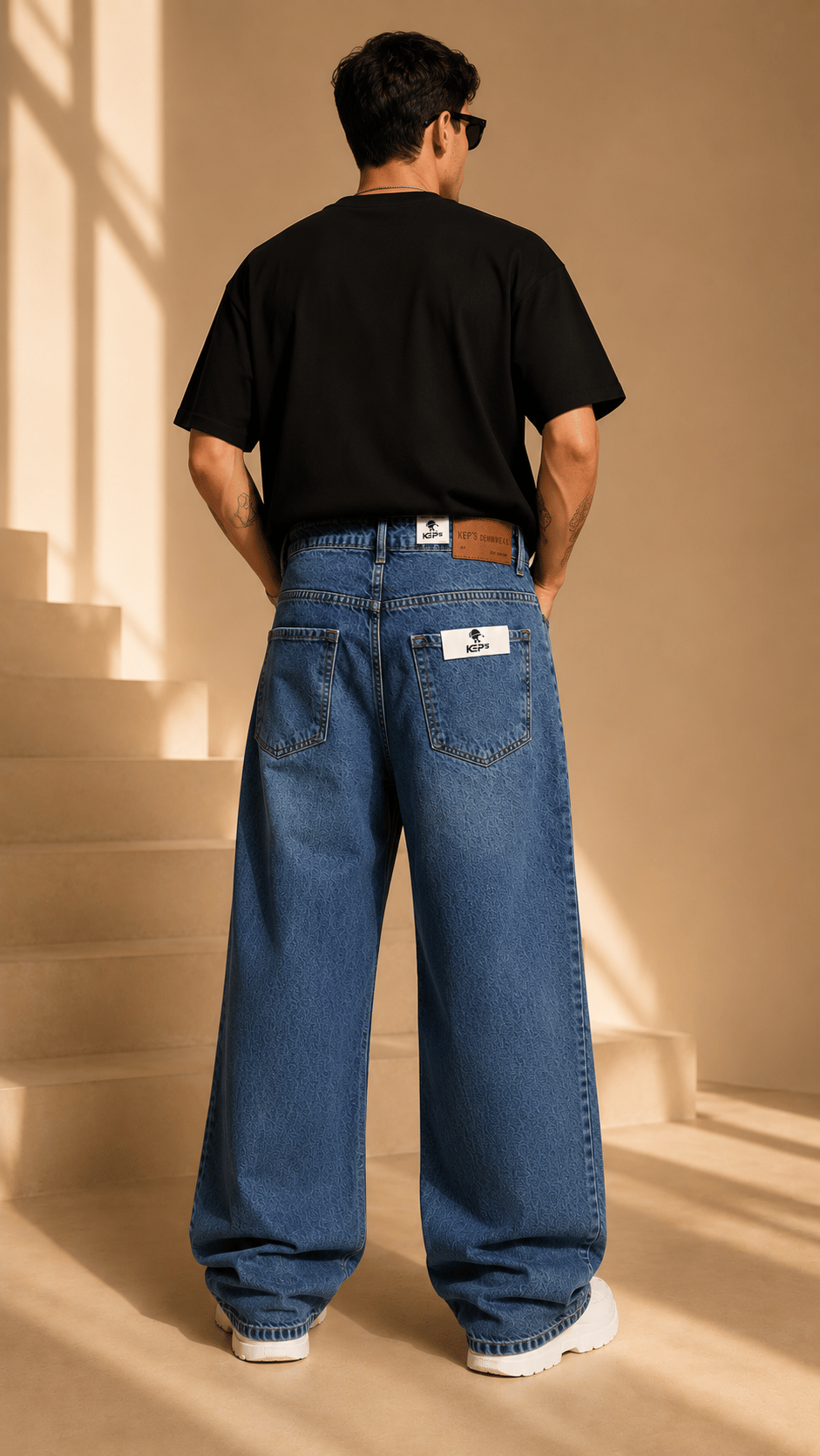 Koyu Mavi Desenli Wide Leg Baggy Jean