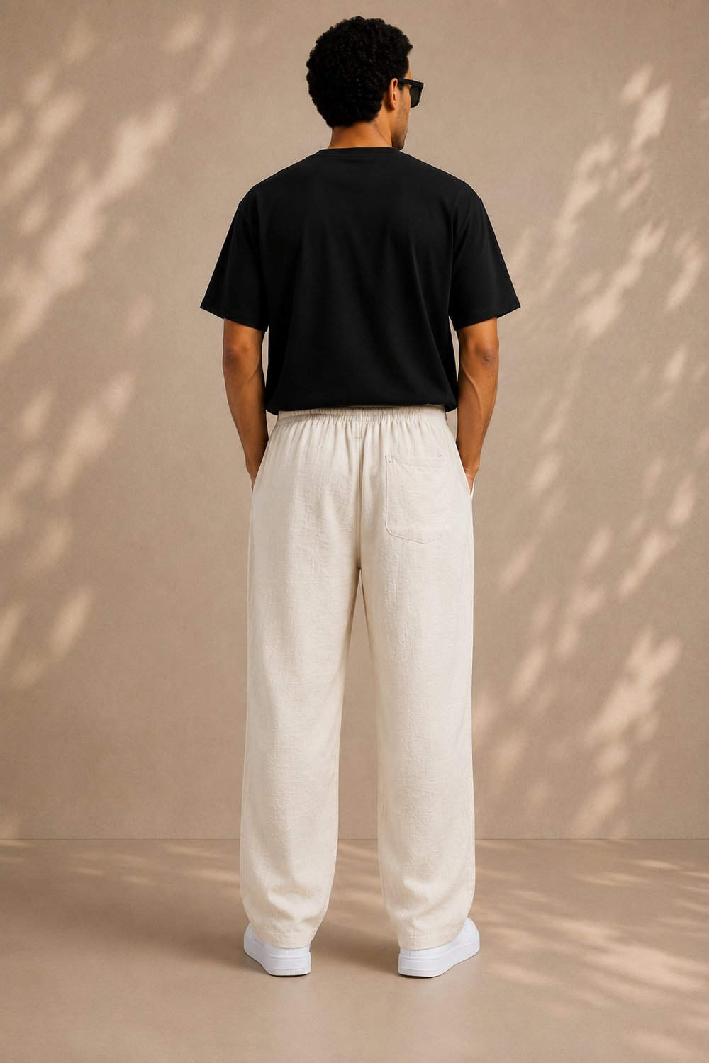 Ekru Keten Relax Fit Lastikli Bel Erkek Pantolon
