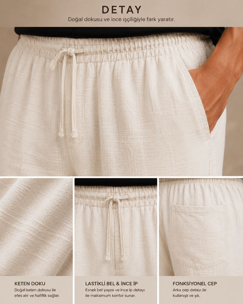 Ekru Keten Relax Fit Lastikli Bel Erkek Pantolon