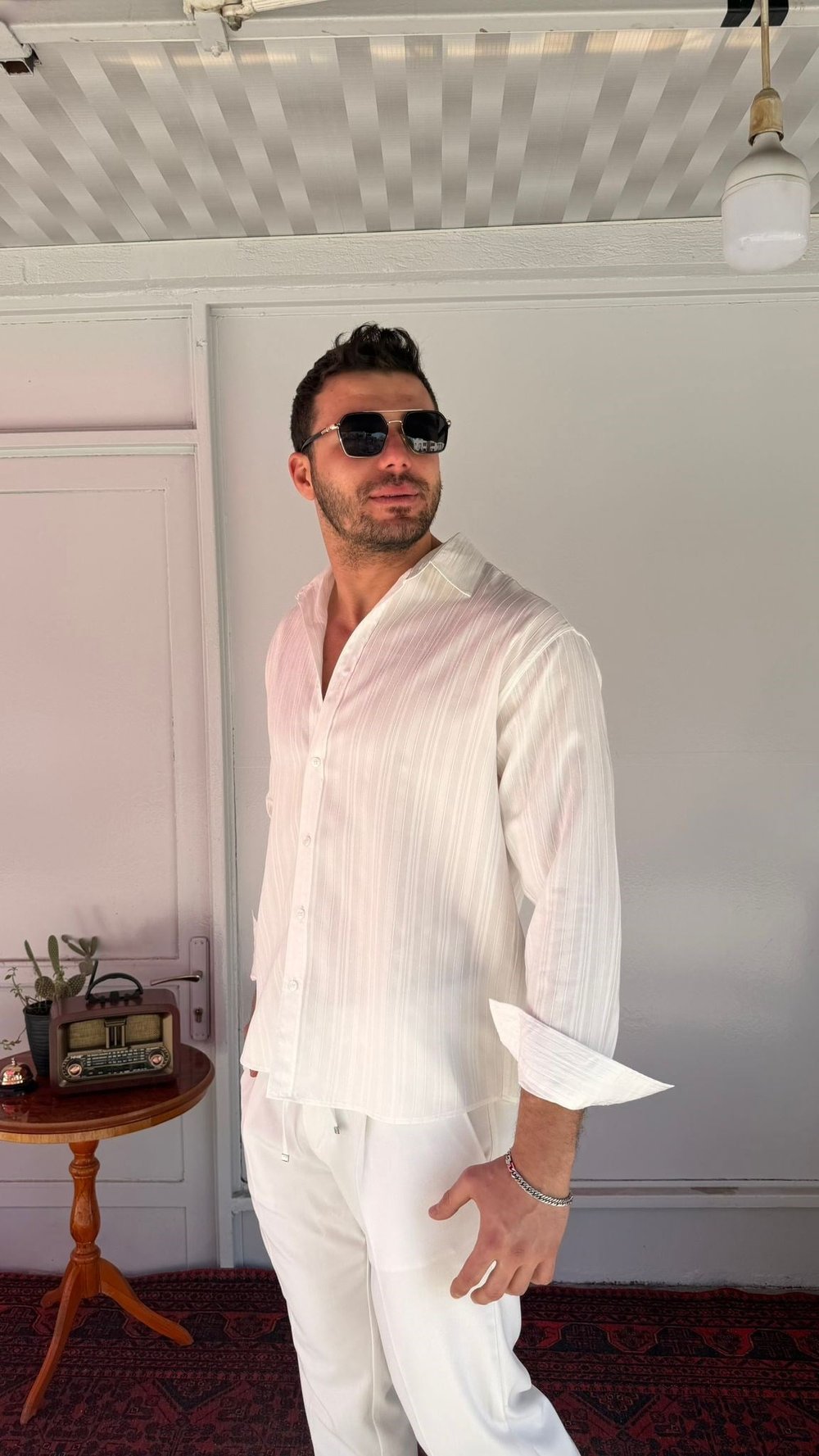 CasualMentr Beyaz Çizgili Oversize Erkek Gömlek