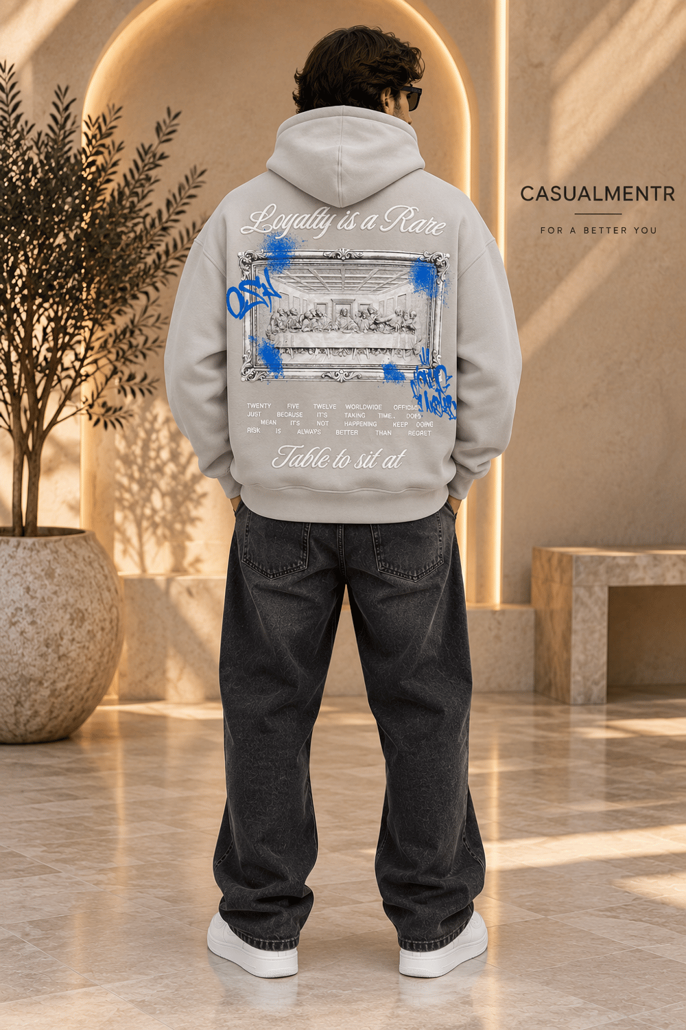 Loyalty Taş Gri Oversize Grafik Baskılı Kapüşonlu Sweatshirt