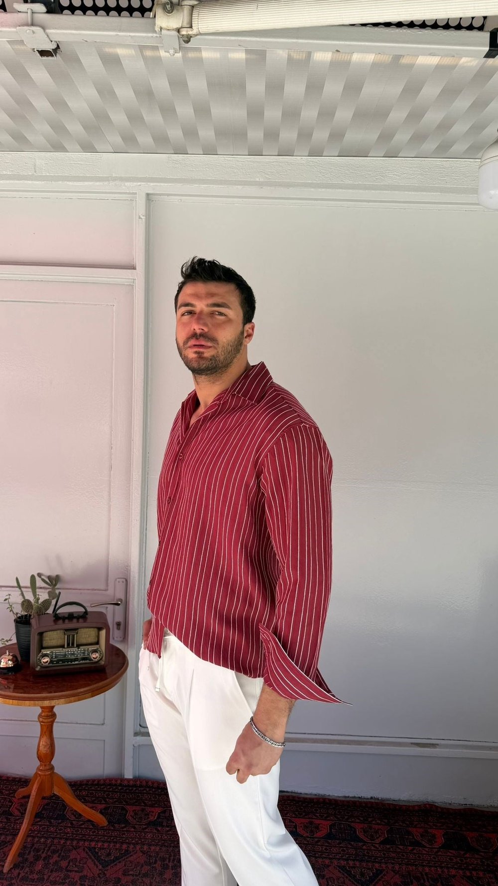 CasualMentr Bordo Çizgili Oversize Müslin Gömlek