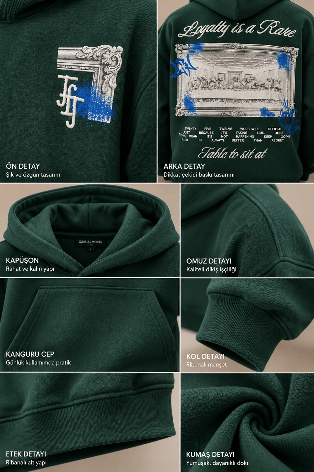Loyalty Orman Yeşili Oversize Baskılı Kapüşonlu Sweatshirt