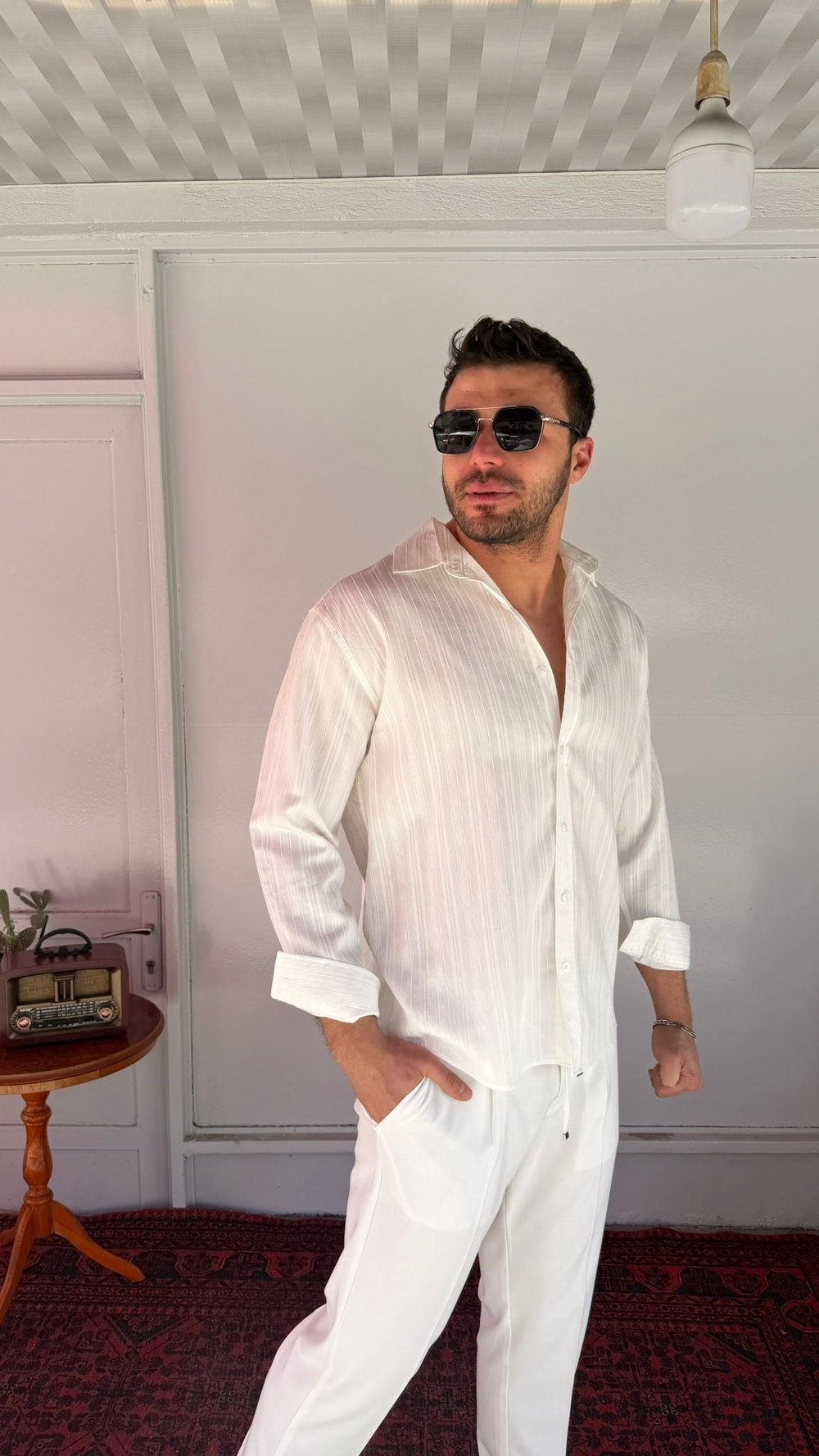 CasualMentr Beyaz Çizgili Oversize Erkek Gömlek