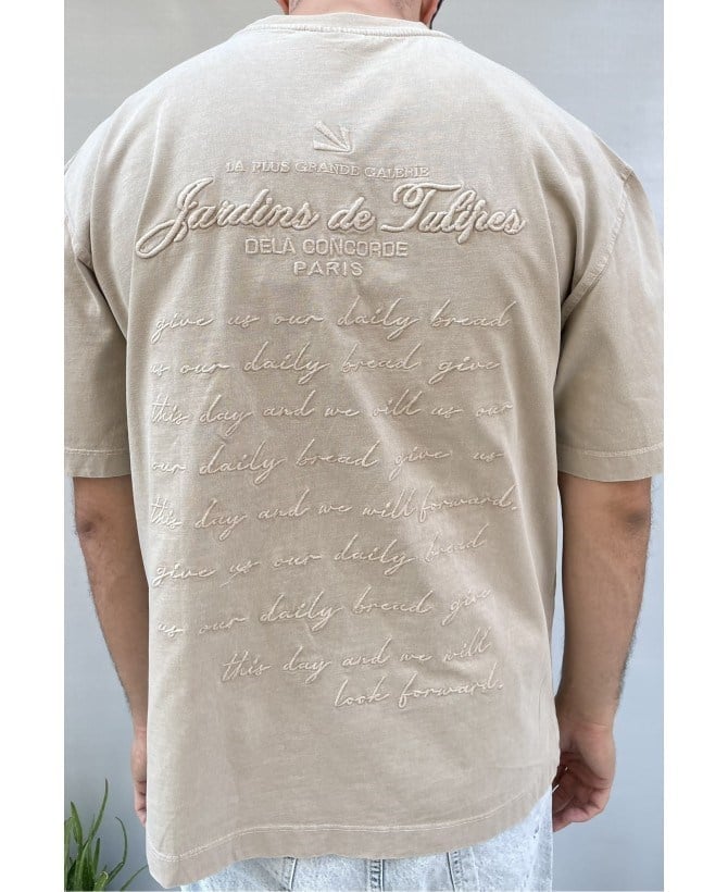 Casual Men Paris Nakış Detaylı Oversize Bej T-Shirt