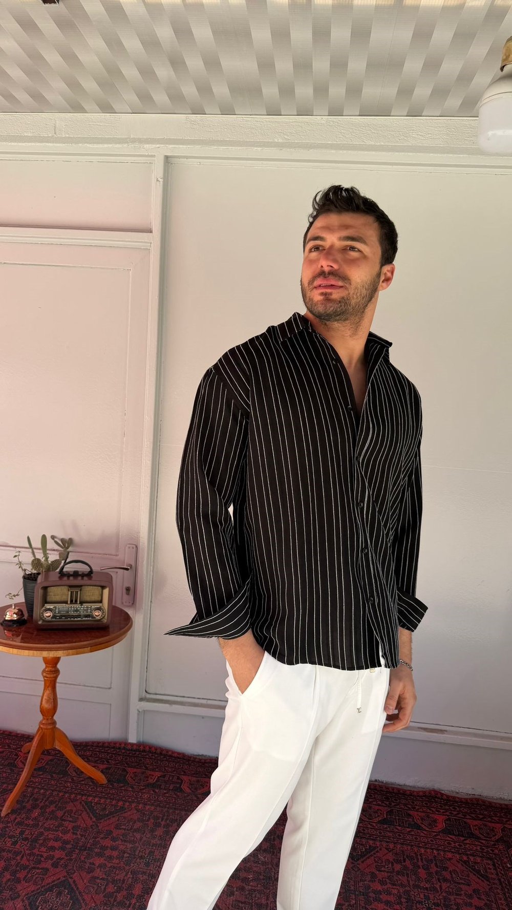 CasualMentr Siyah Çizgili Oversize Erkek Gömlek