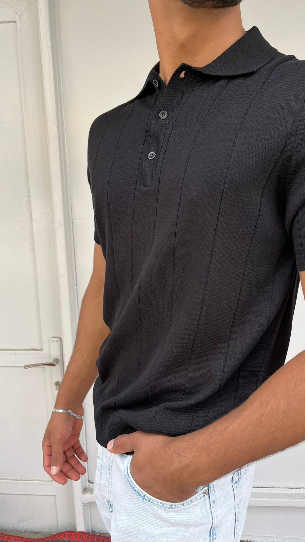 Monarch Çizgili Triko Polo Siyah