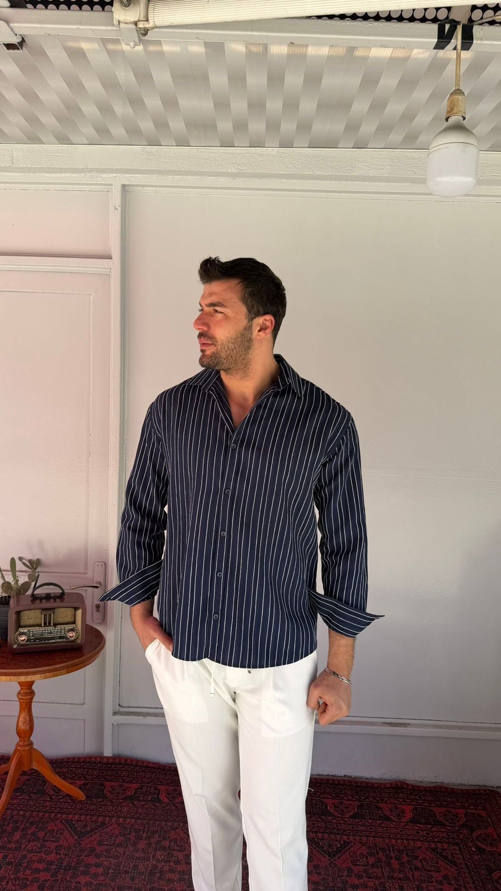CasualMentr Lacivert Çizgili Oversize Erkek Gömlek