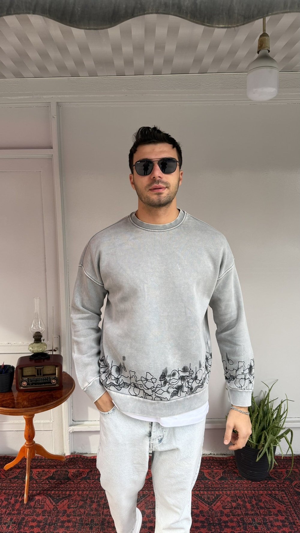 Casual Men Line Art Oversize Gri Sweatshirt