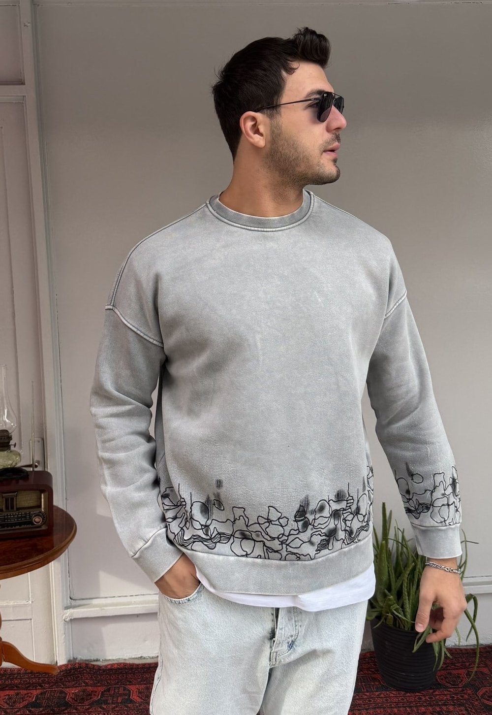 Casual Men Line Art Oversize Gri Sweatshirt