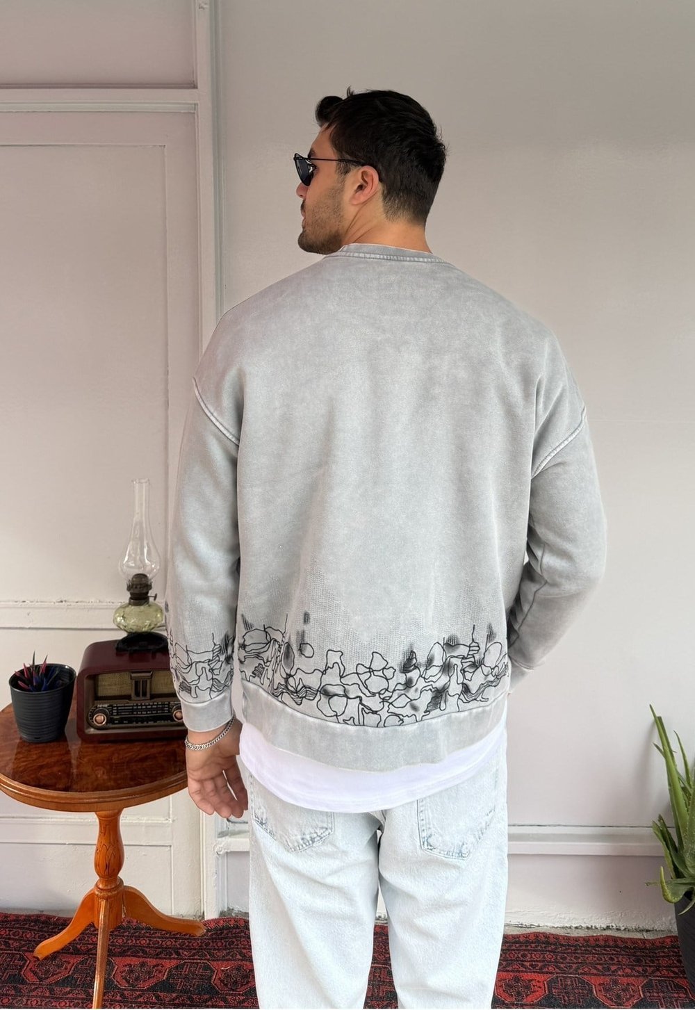 Casual Men Line Art Oversize Gri Sweatshirt
