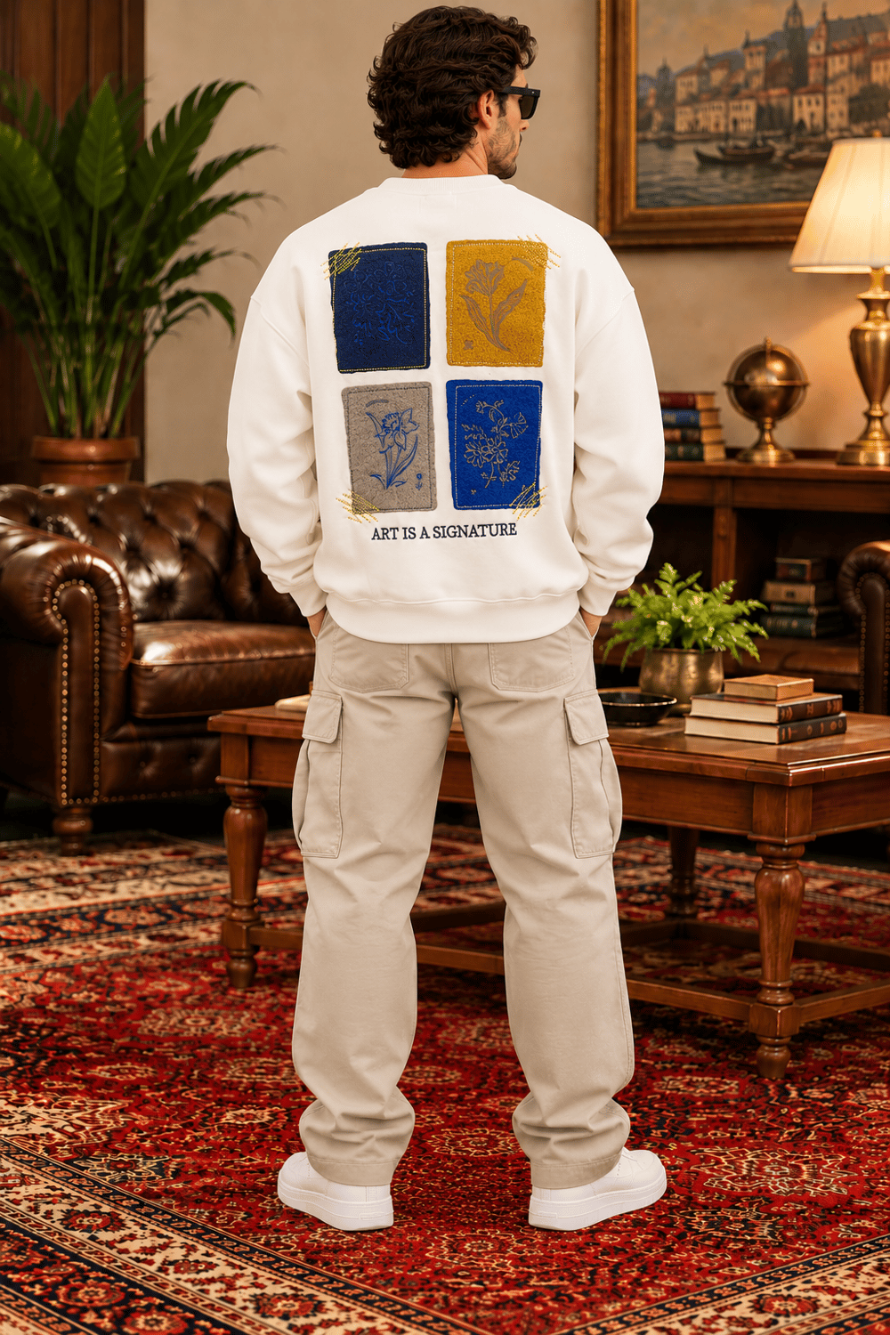 Ekru Nakış Detaylı Oversize Erkek Sweatshirt