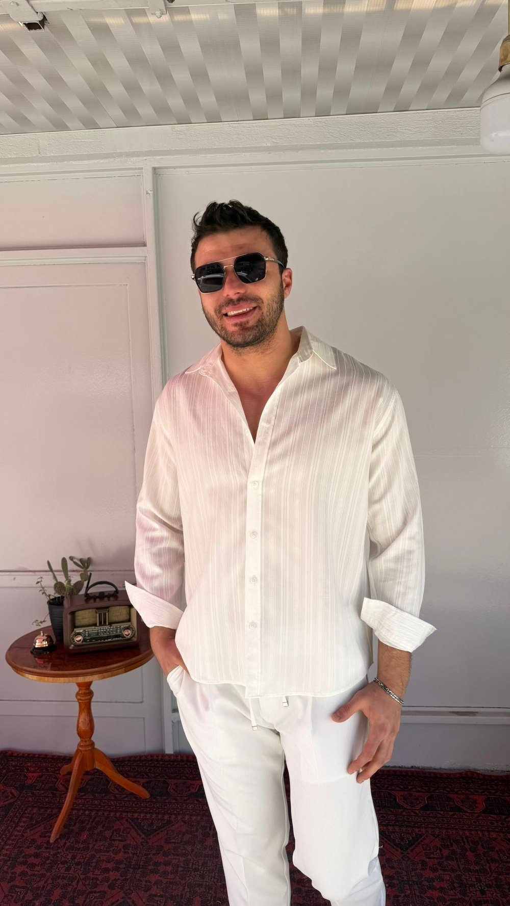 CasualMentr Beyaz Çizgili Oversize Erkek Gömlek