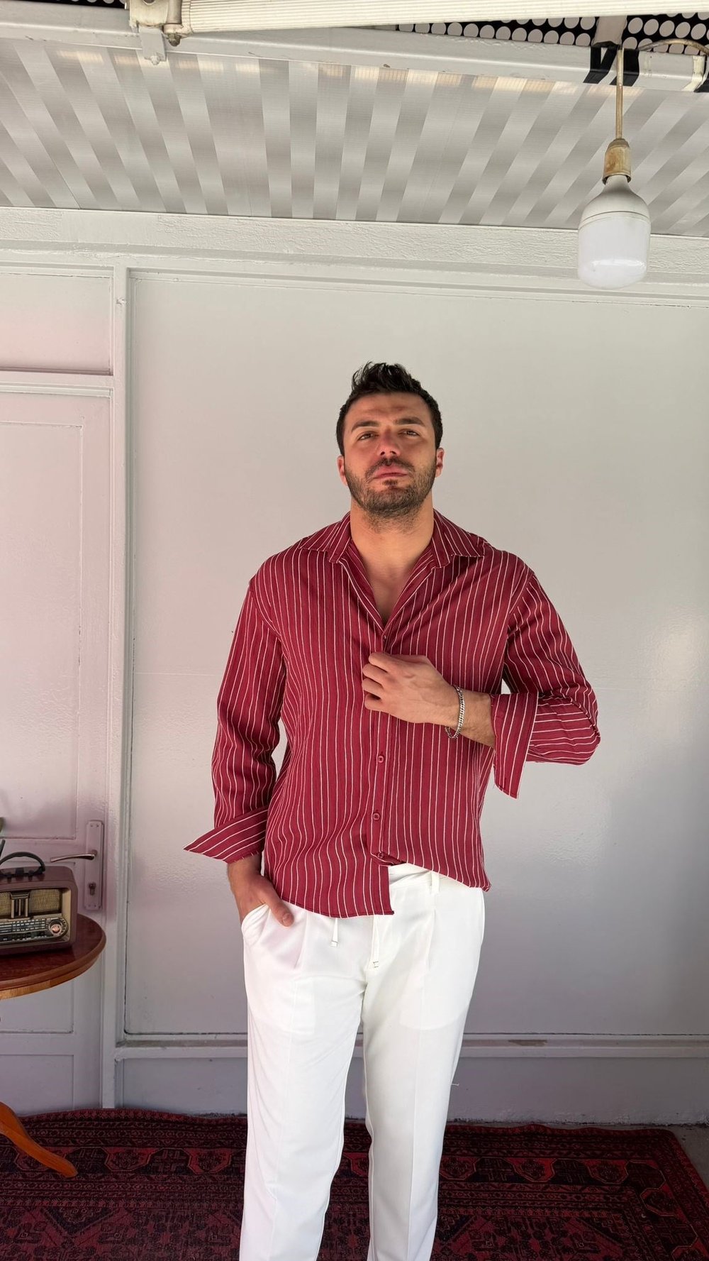 CasualMentr Bordo Çizgili Oversize Müslin Gömlek