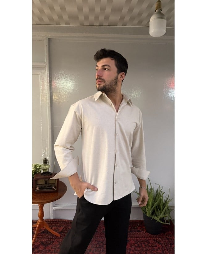 Casual Men Bej Premium Rahat Kalıp Gömlek