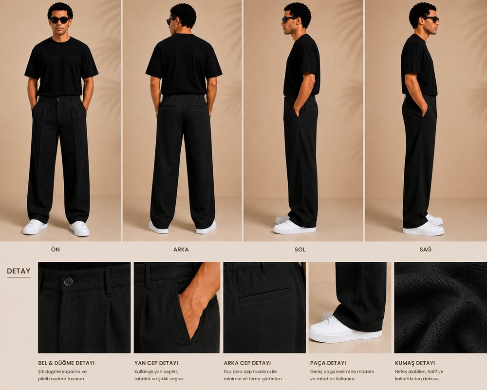 Siyah Keten Baggy Fit Erkek Pantolon