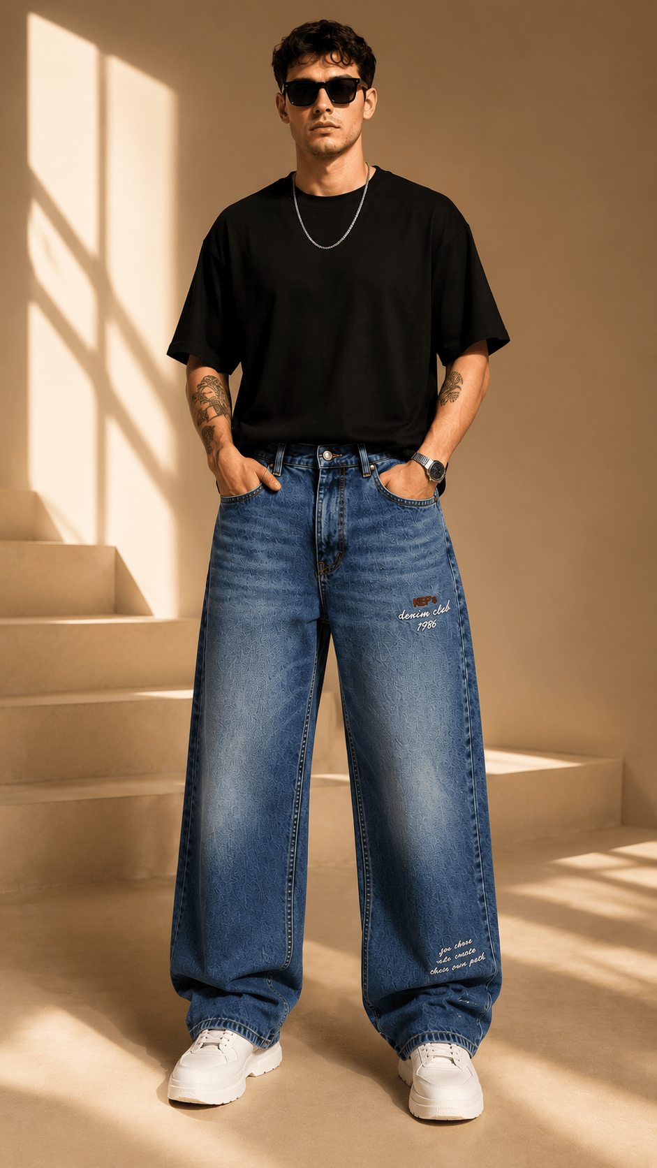 Koyu Mavi Desenli Wide Leg Baggy Jean