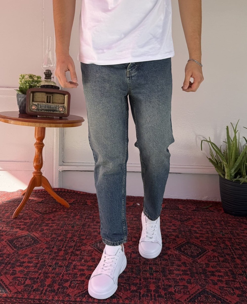 Düz Mavi Yeşil Yıkamalı Boyfriend Jean