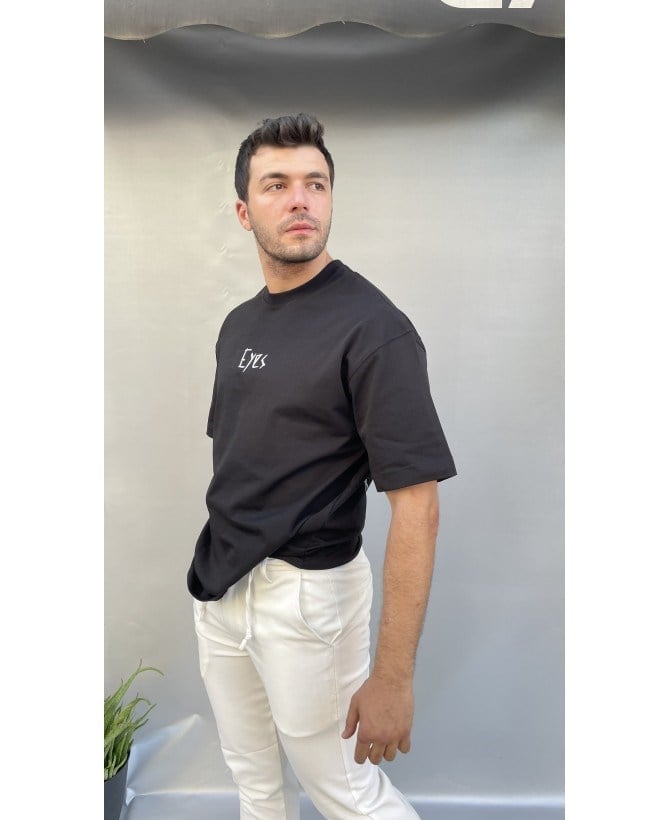 Casual Men Eyes Baskılı Oversize Siyah T-Shirt