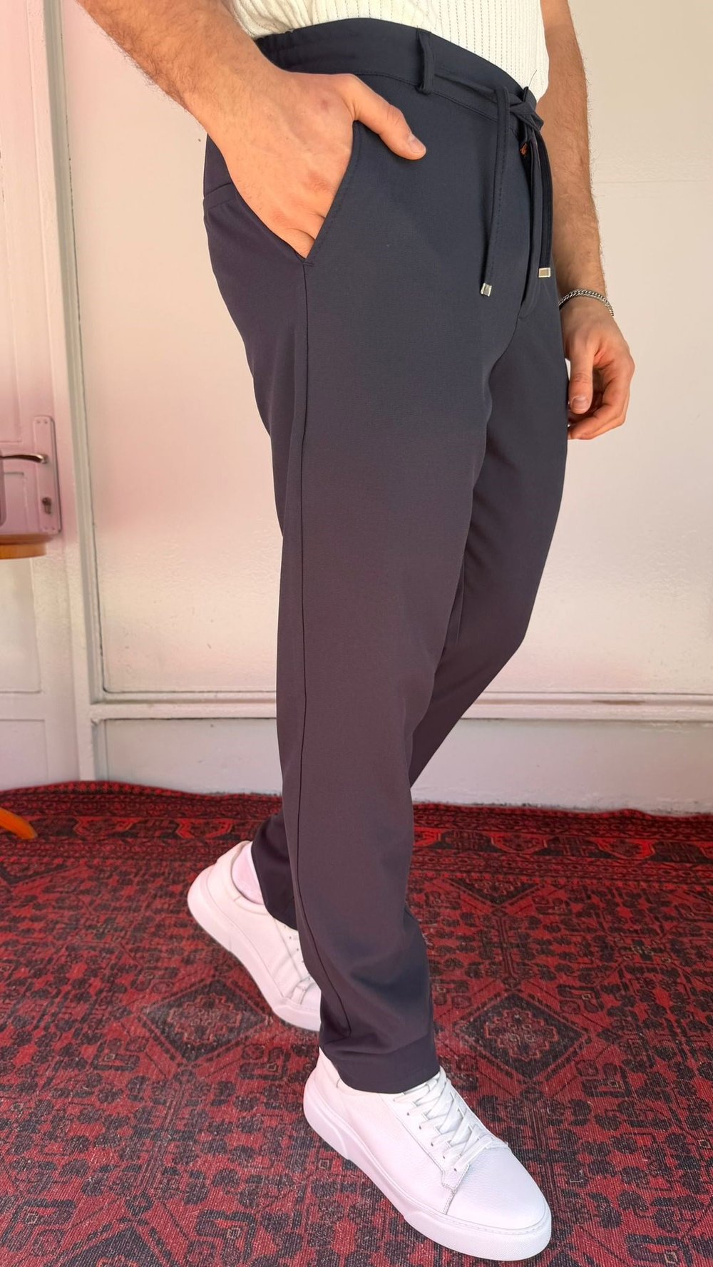 Lacivert Pilesiz Bağcıklı Erkek Pantolon