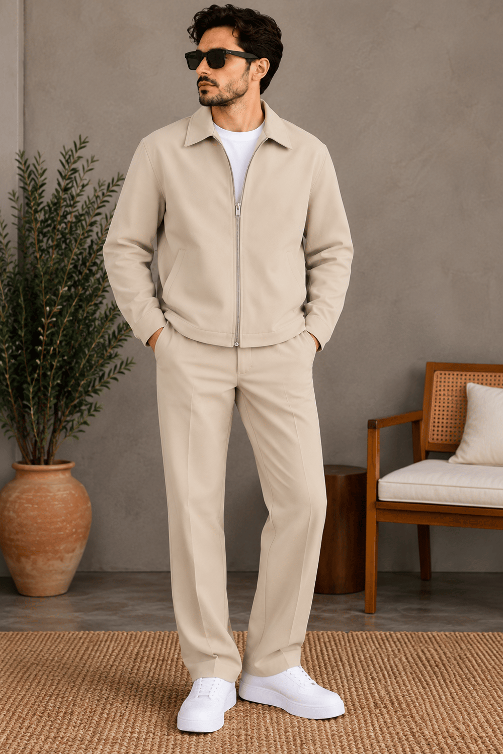 Premium Bej Fermuarlı Ceket Pantolon Takım