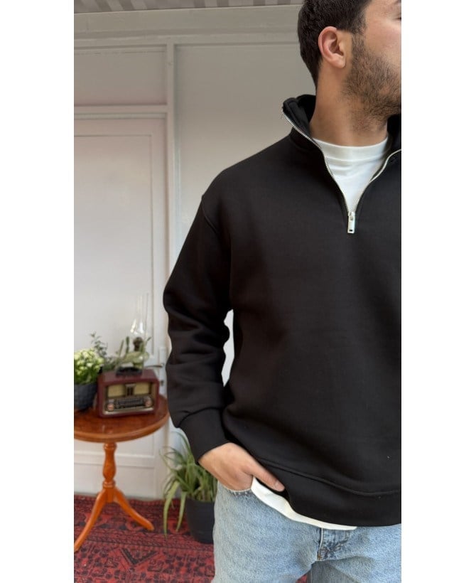 Casual Men Basic Yarım Fermuarlı Oversize Sweatshirt Siyah
