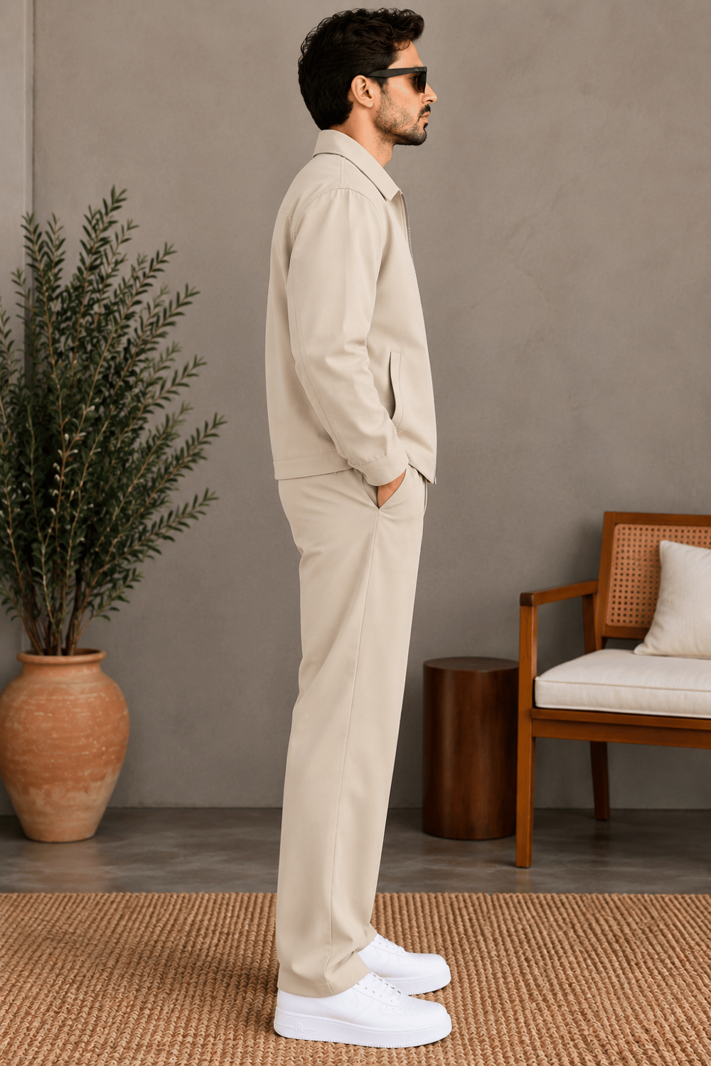 Premium Bej Fermuarlı Ceket Pantolon Takım