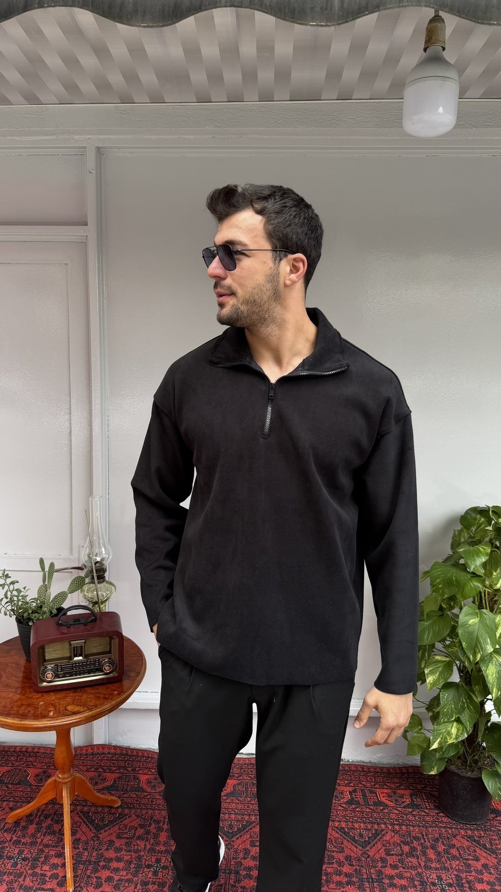 Casual Men Nubuk Touch Yarım Fermuarlı Siyah Sweatshirt