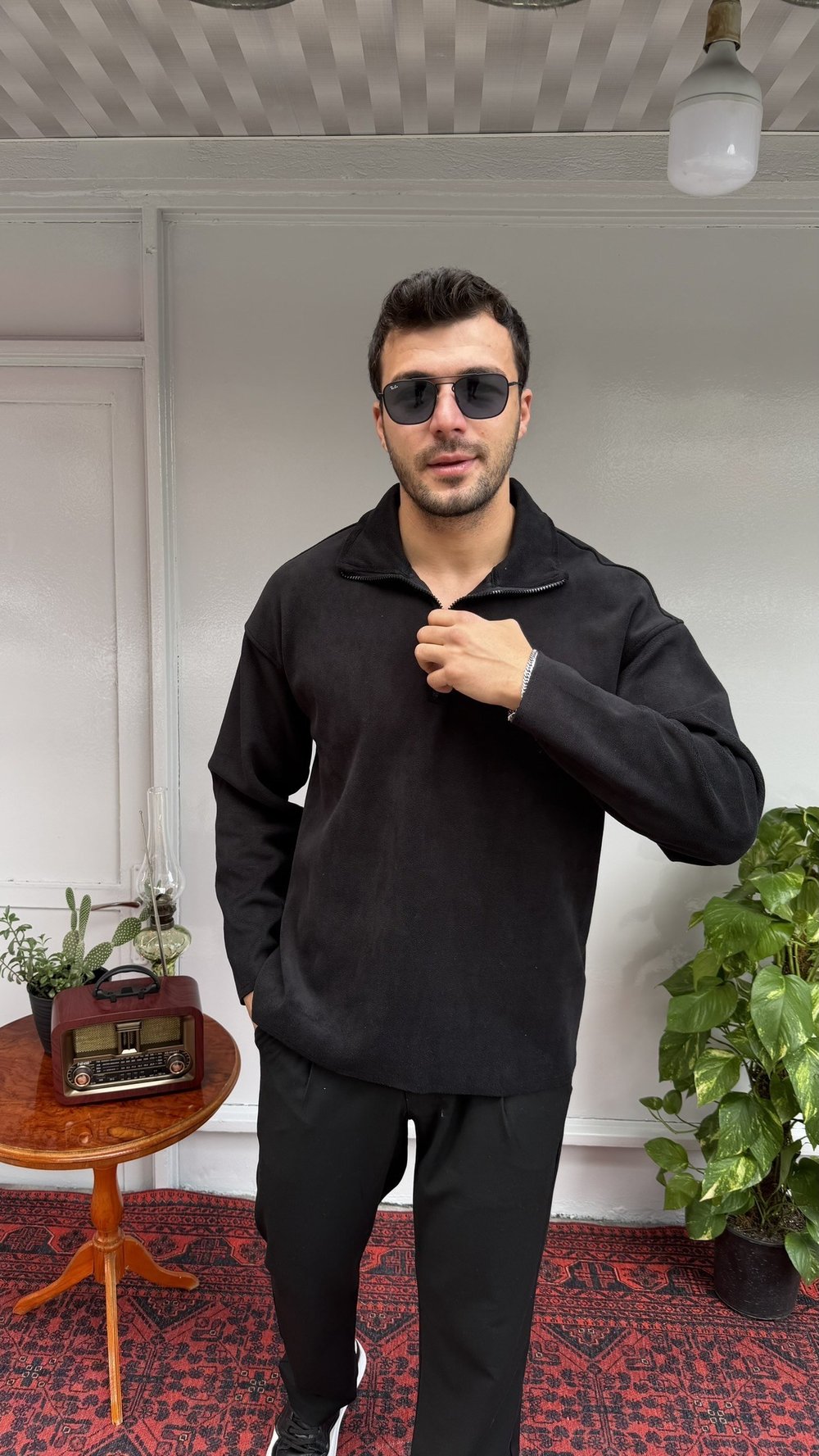 Casual Men Nubuk Touch Yarım Fermuarlı Siyah Sweatshirt