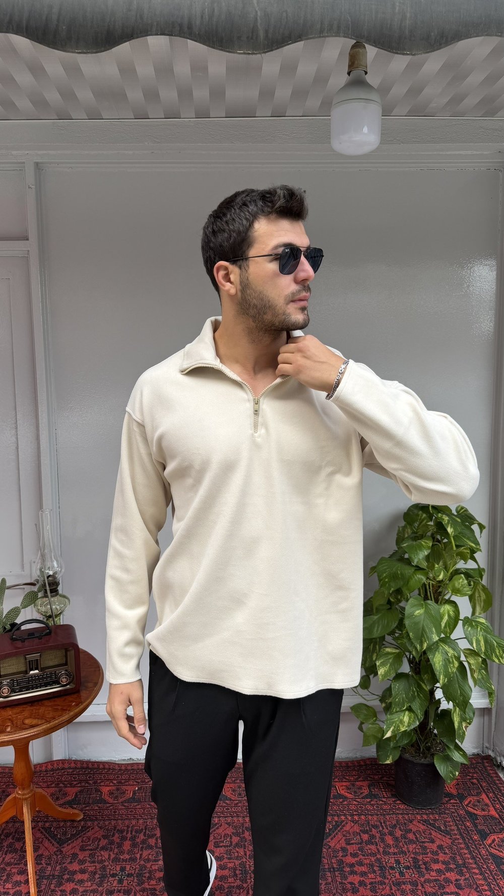 Casual Men Nubuk Touch Yarım Fermuarlı Bej Sweatshirt