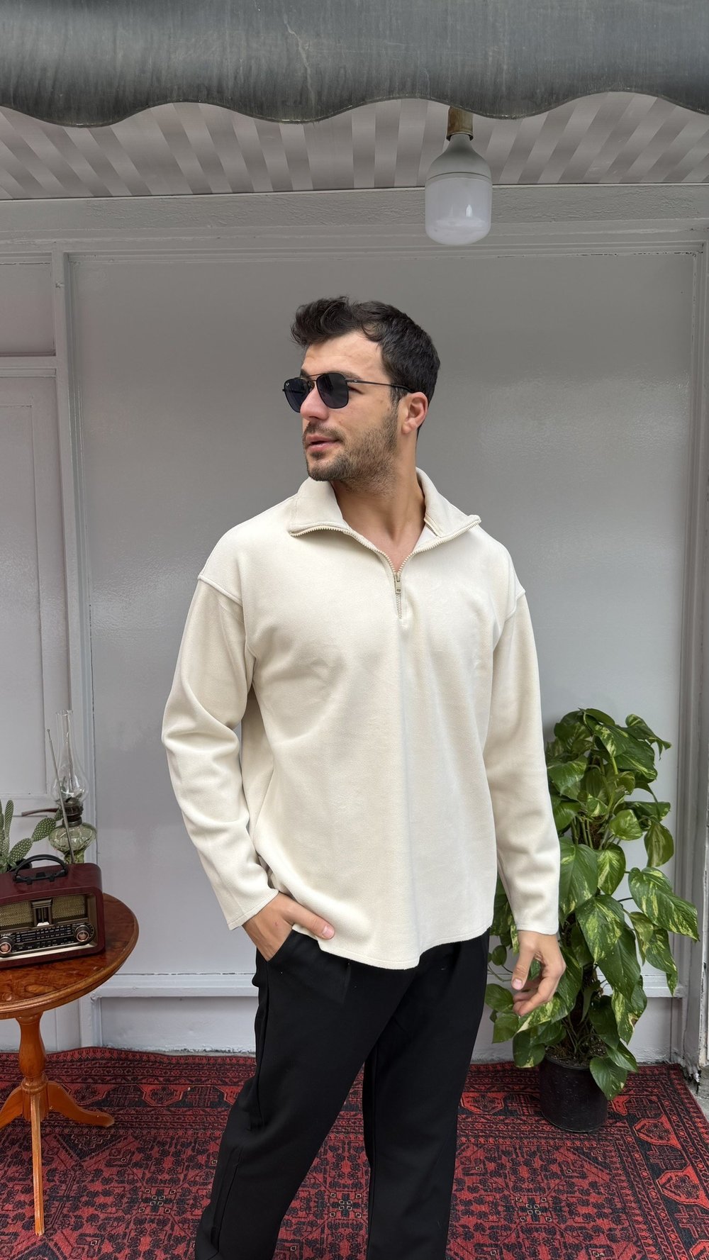 Casual Men Nubuk Touch Yarım Fermuarlı Bej Sweatshirt