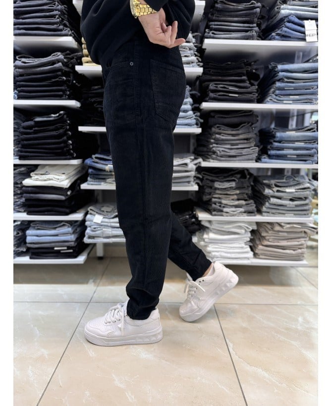 Casual Men Siyah Kadife Boyfriend Fit Erkek Pantolon