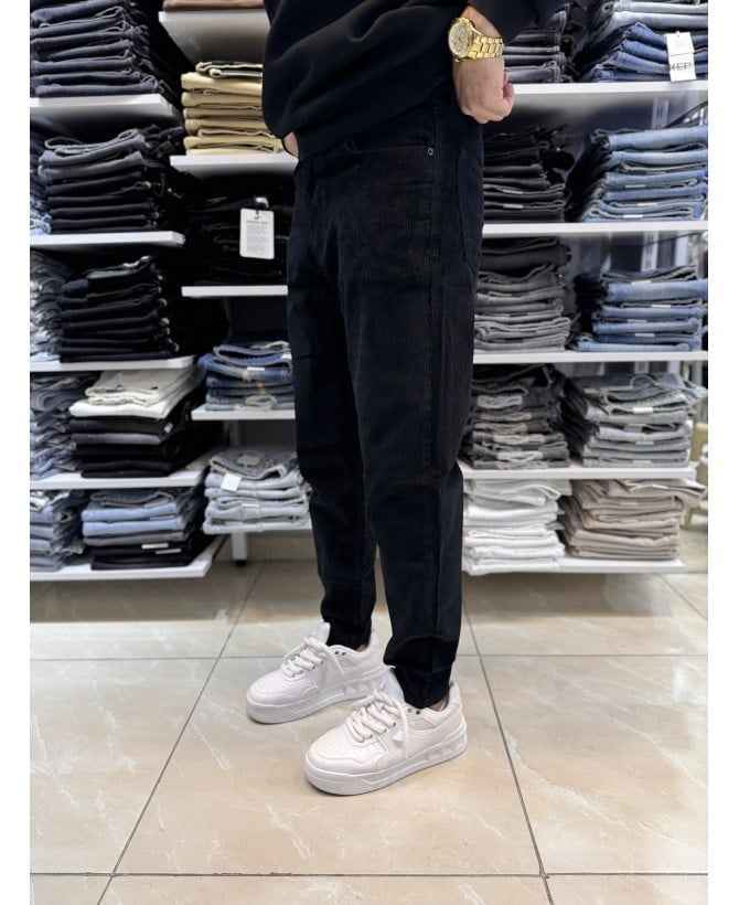 Casual Men Siyah Kadife Boyfriend Fit Erkek Pantolon