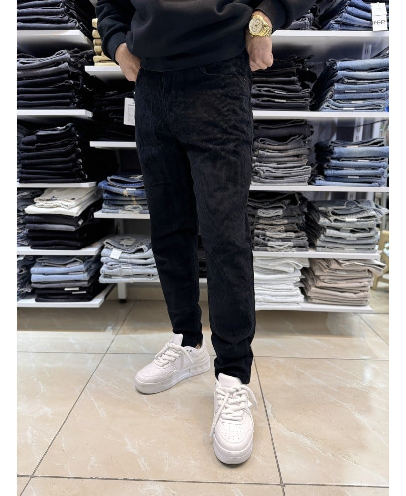Casual Men Siyah Kadife Boyfriend Fit Erkek Pantolon