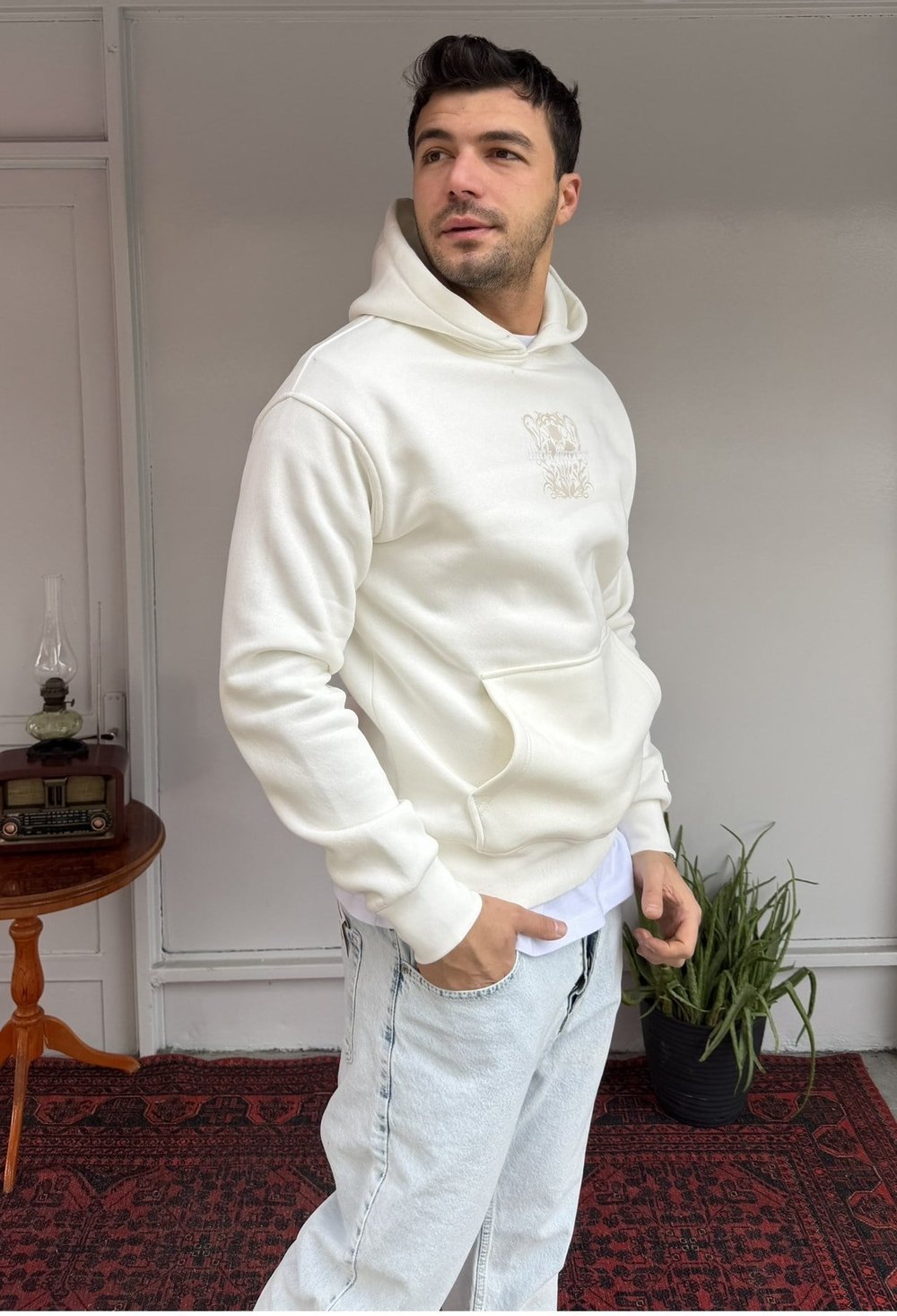 Casual Men Dark Garden Oversize Hoodie Ekru