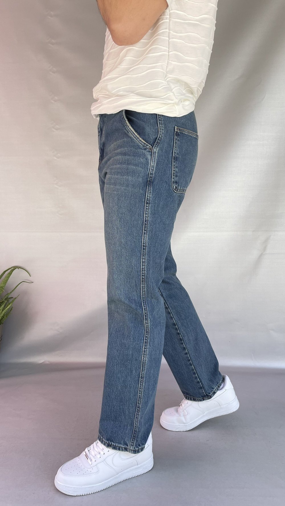 Yan Cepli Düz Baggy Jean