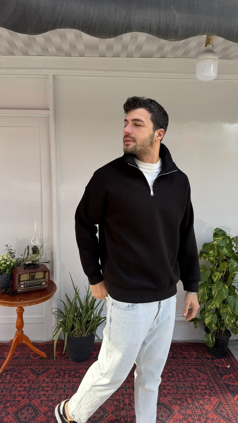 Casual Men Arctic Yaka Kürklü Yarım Fermuarlı Sweatshirt Siyah