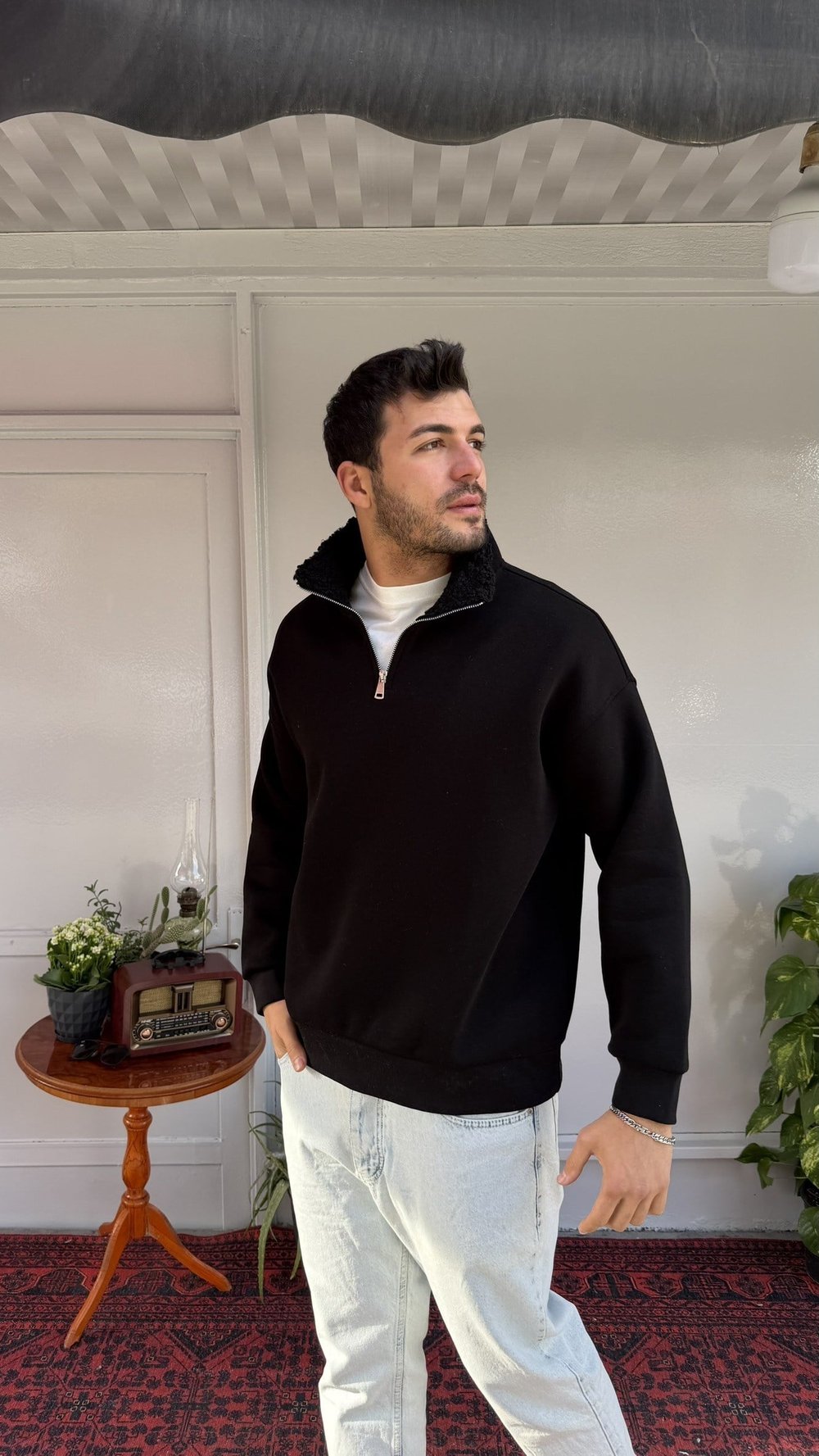 Casual Men Arctic Yaka Kürklü Yarım Fermuarlı Sweatshirt Siyah