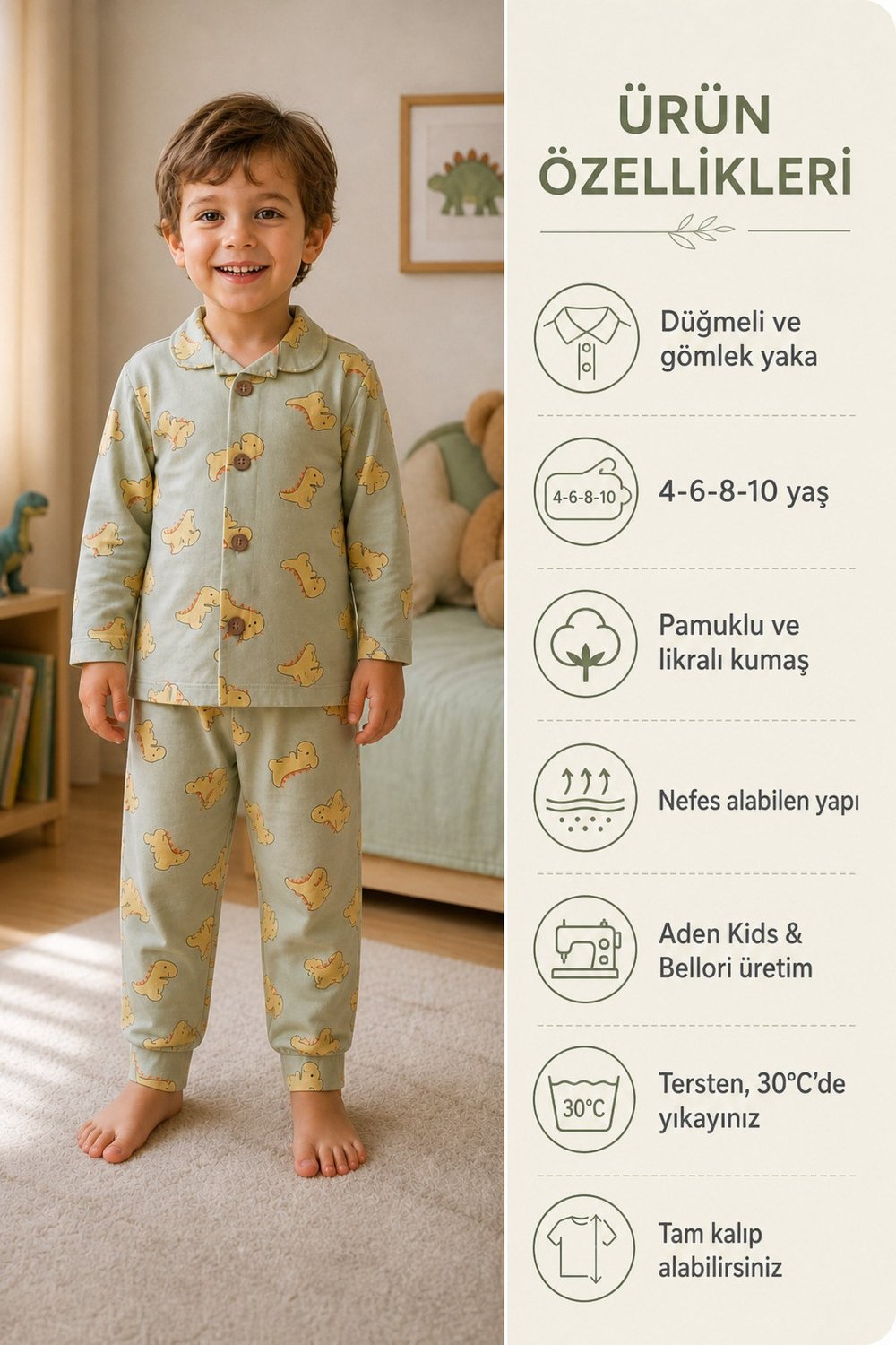  Erkek çocuk dinazor basklı gömlek yaka düğmeli pijama takımı