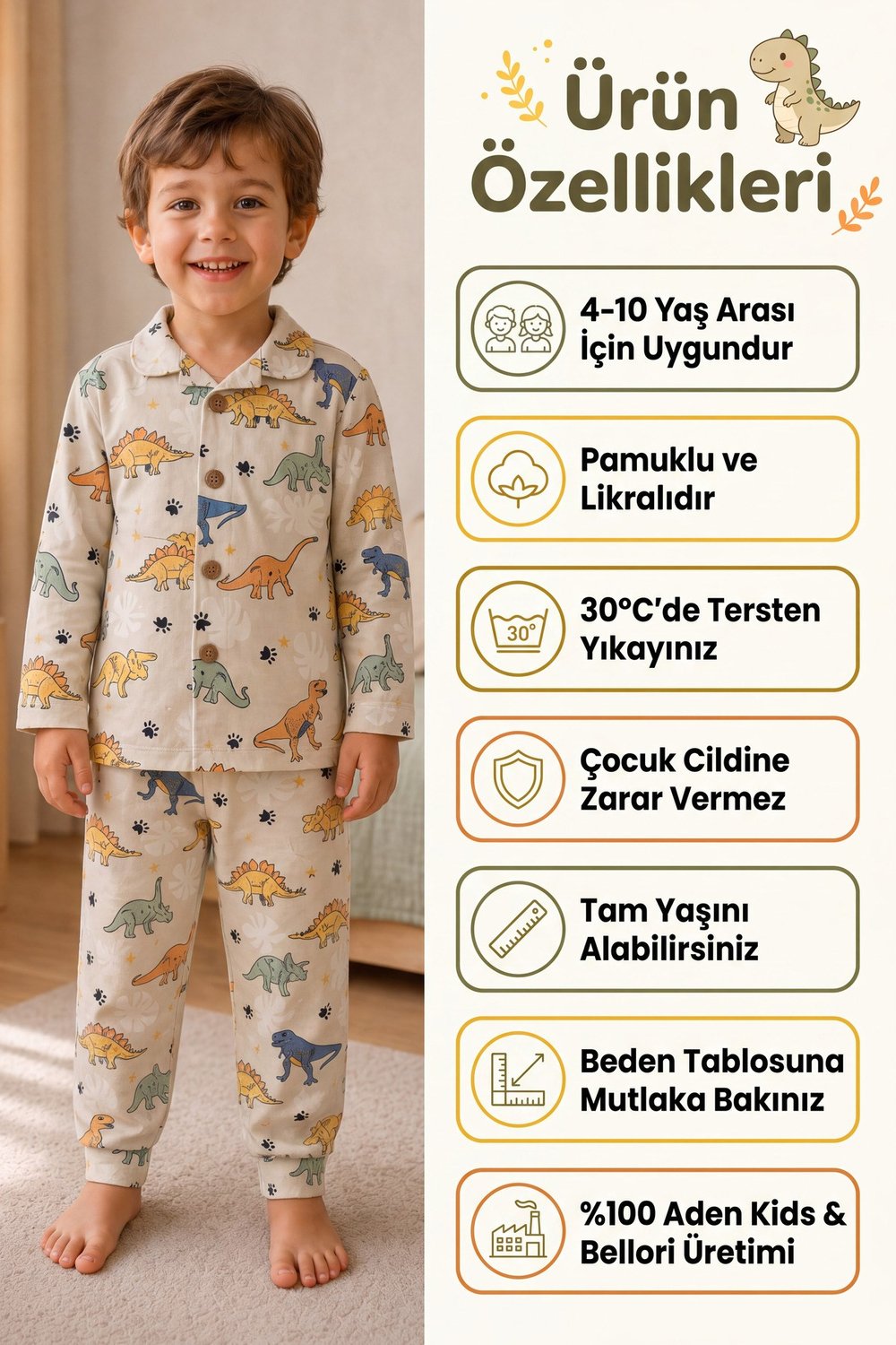  Erkek çocuk dinazorlar basklı gömlek yaka düğmeli pijama takımı