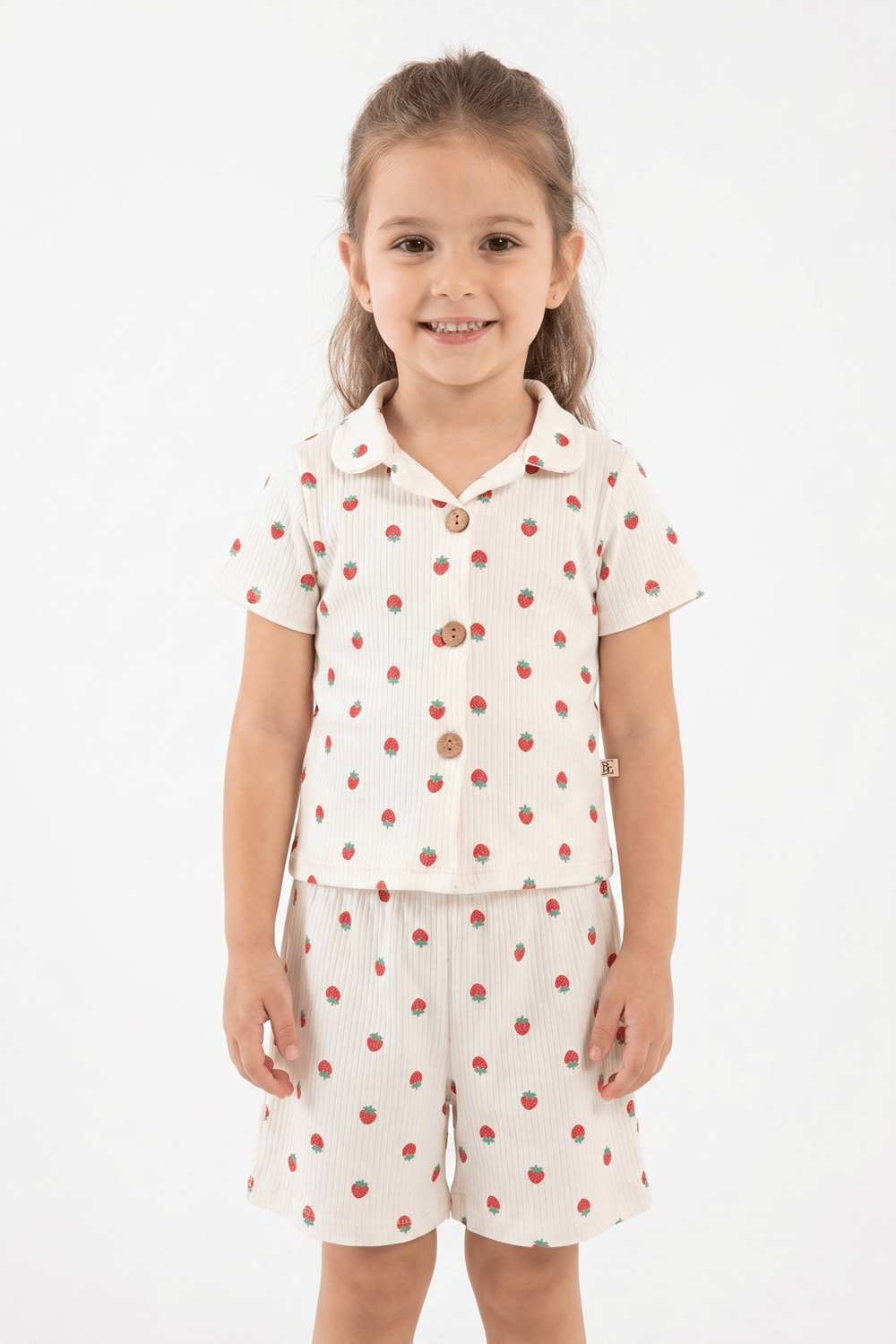 çilek deseli düğmeli kız çocuk pijama takımı 2-10 yaş