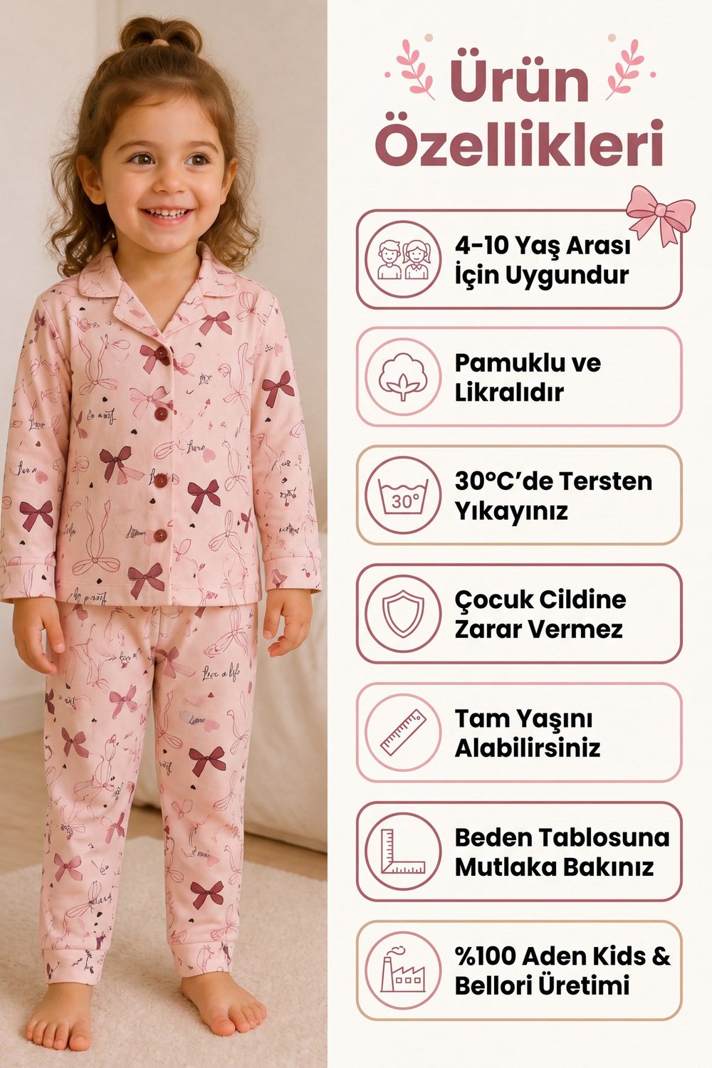 Kız Çocuk Pembe Fiyonk ve Kalp Desenli Uzun Kollu Pijama Takımı