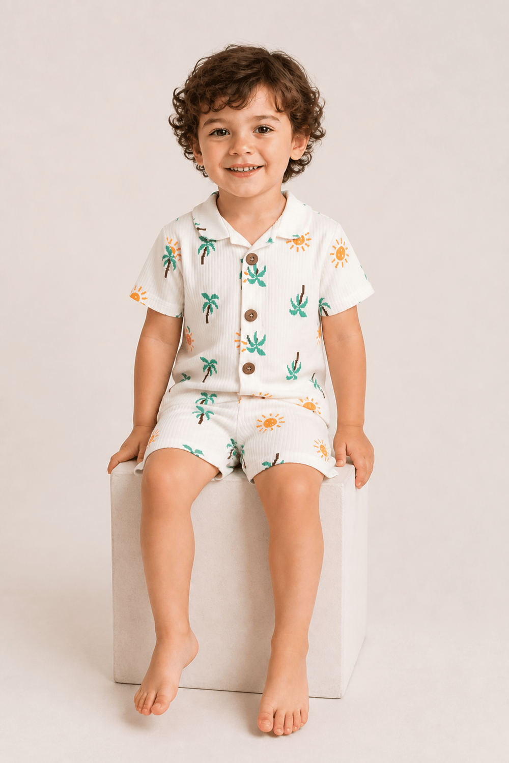 palmiye desenli raporlu erkek çocuk şortlu pijama  takımı