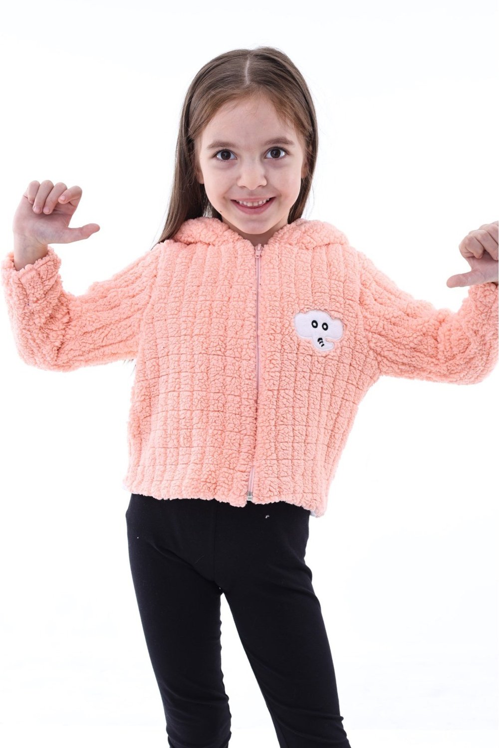 Somon Rengi Unisex Çocuk Kareli Peluş Hırka - Astar Detaylı, 1-5 Yaş, Kışlık
