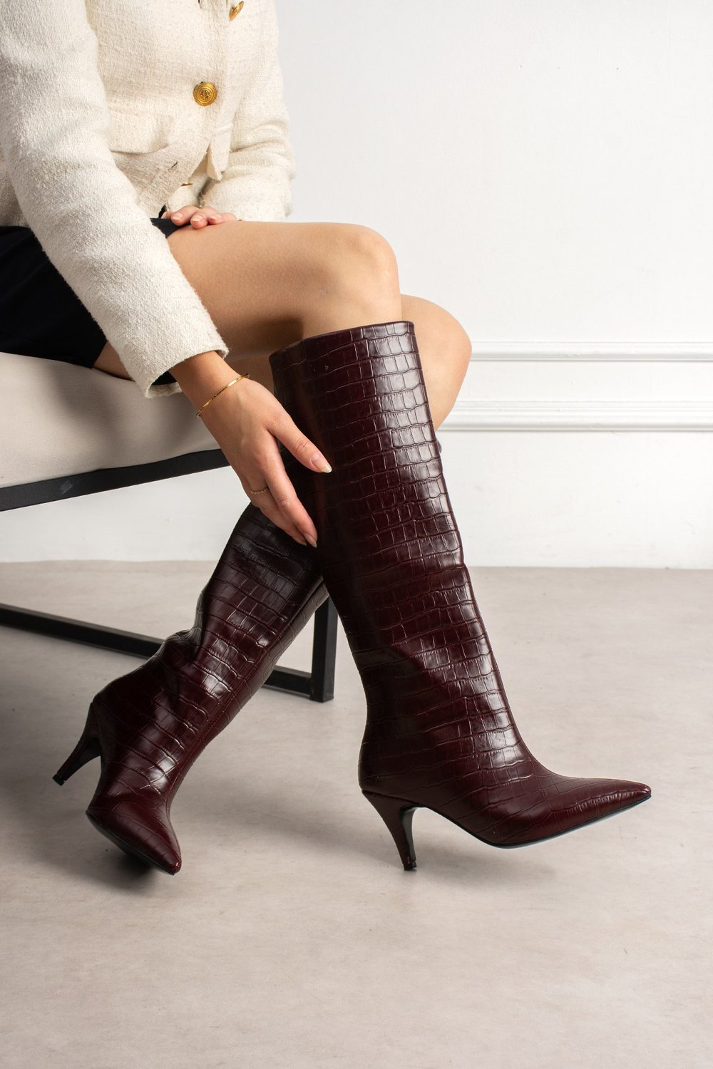 ASTER Kadın Bordo Kroko Cilt Sivri Burun İçi Kürklü 8 Cm İnce Topuklu Uzun Çizme