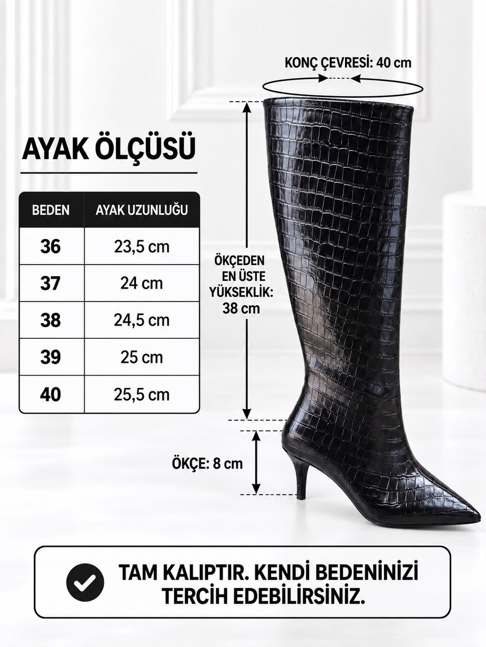 ASTER Kadın Siyah Kroko Cilt Sivri Burun İçi Kürklü 8 Cm İnce Topuklu Uzun Çizme