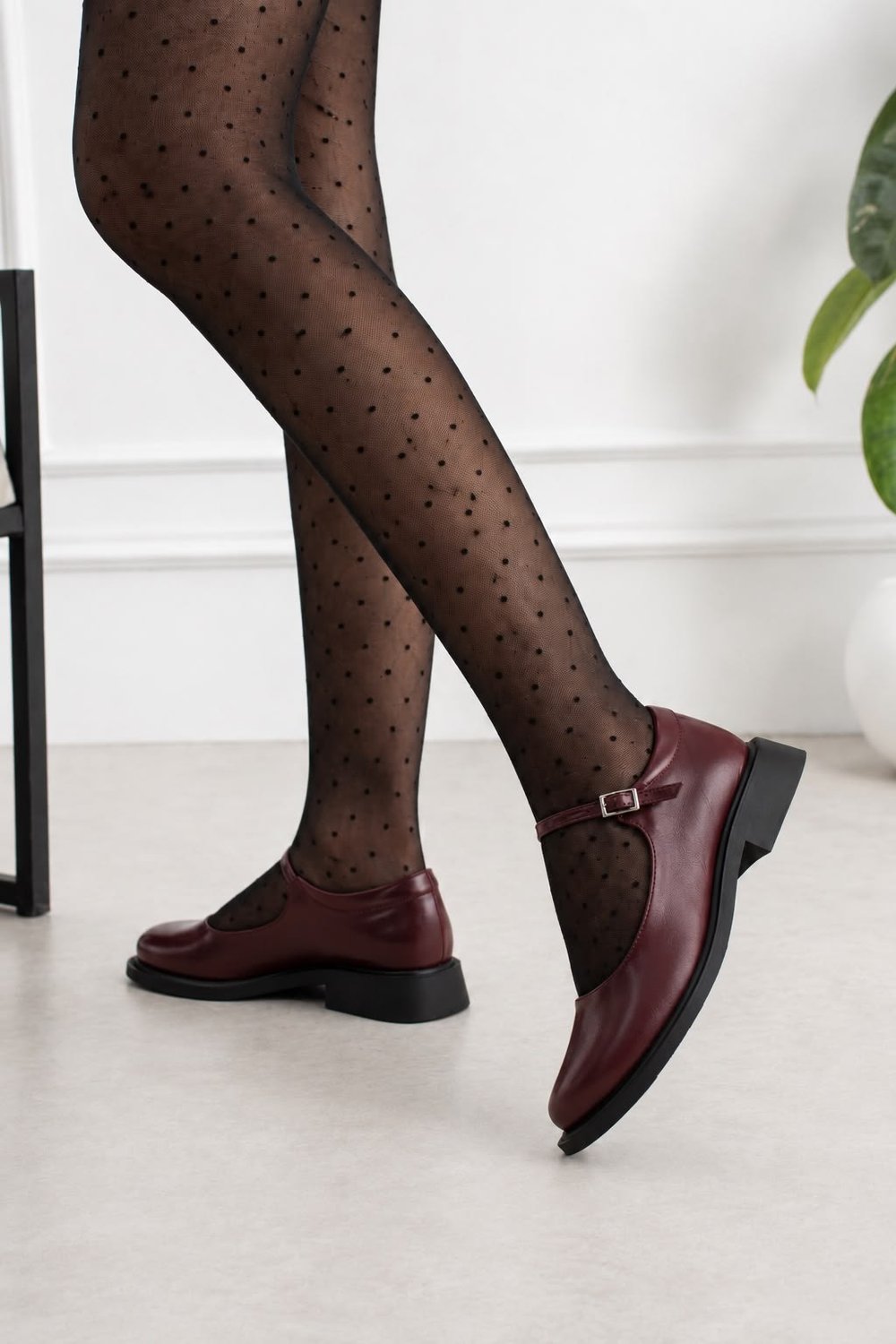 BERLIN Kadın Bordo Cilt Mary Jane Yuvarlak Burun 2 Cm Kalın Taban Tokalı  Babet Loafer Ayakkabı